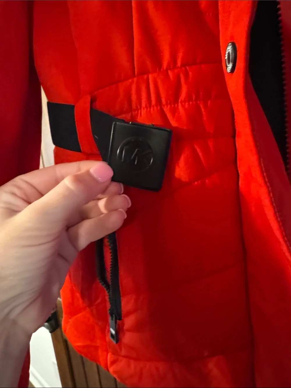 Michael Kors Red Hooded Puffer Jacket with Black Trim